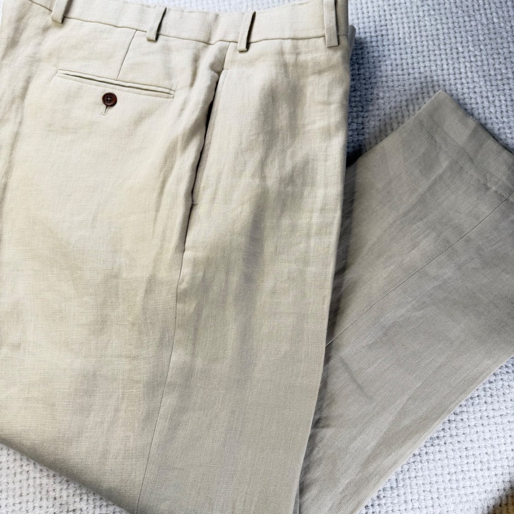 Brooks Brothers Irish Linen Pants Mens 36x32 Beige Flat Front Trousers Luxury